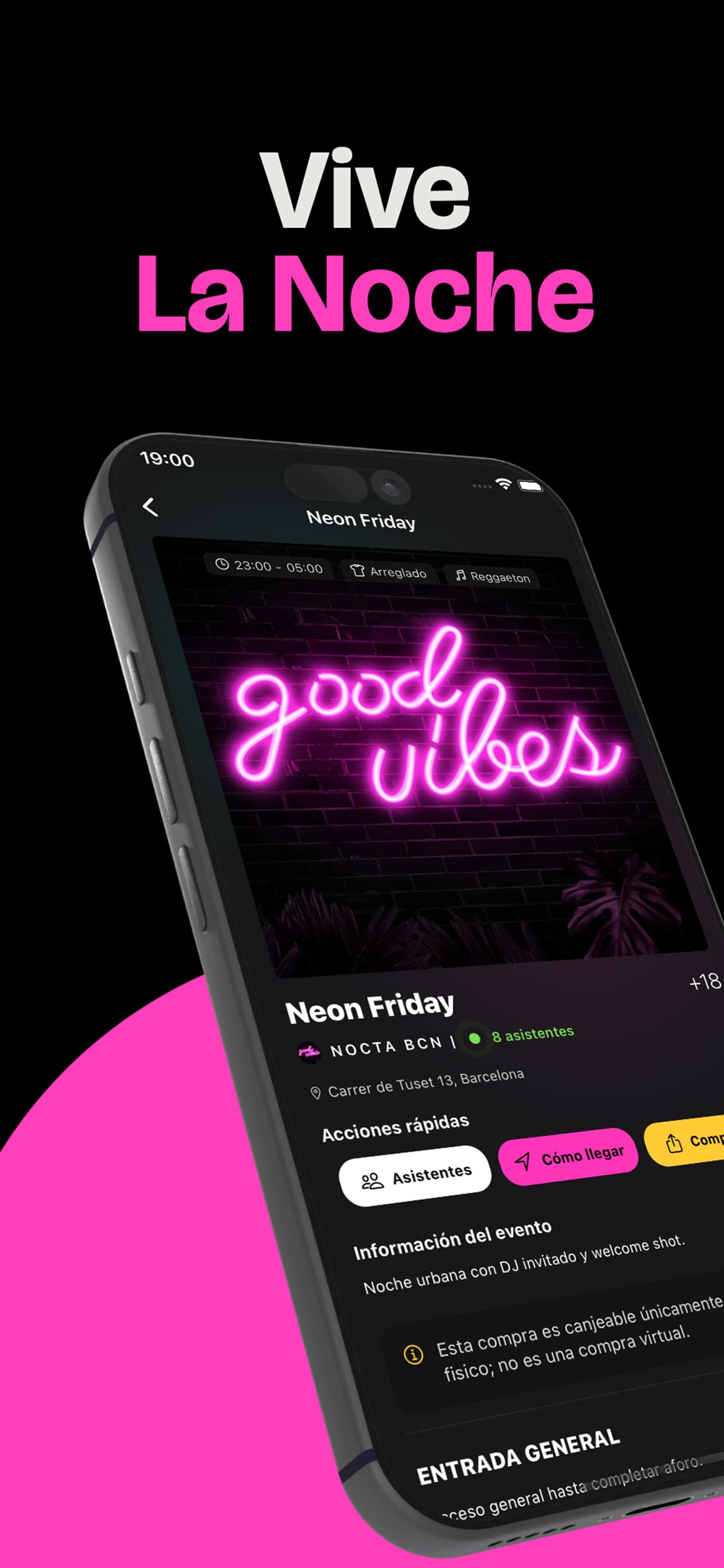 Pantalla de Trendy con el claim Vive La Noche