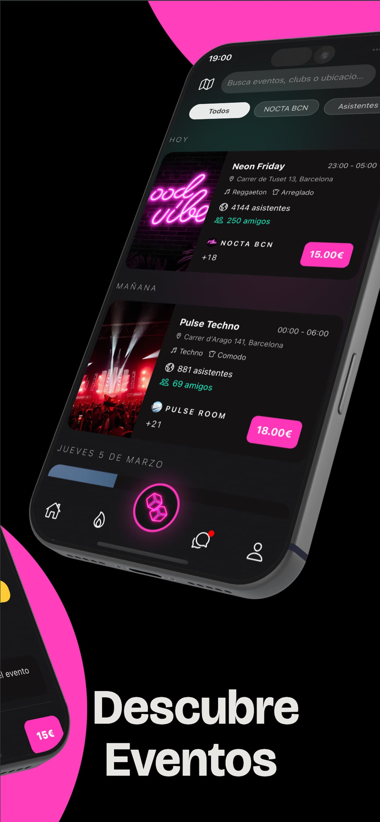 Pantalla de descubrimiento de eventos en Trendy